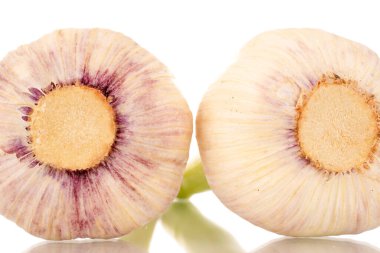 İki baş sarımsak, makro, beyaz arka planda izole edilmiş..