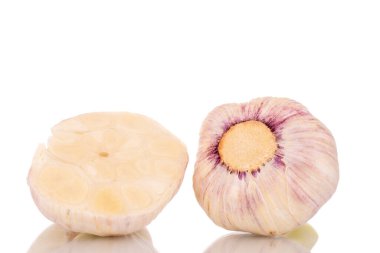 Bir buçuk baş sarımsak, yakın plan, beyaz arka planda izole edilmiş..