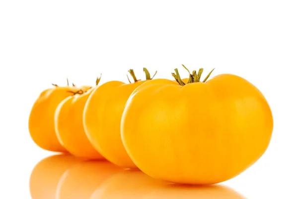 Quatro Suculentos Tomates Orgânicos Amarelos Close Isolados Fundo Branco — Fotografia de Stock