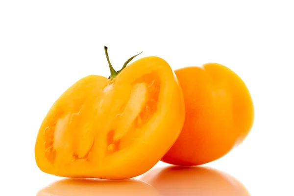 Two Halves Organic Yellow Tomato Close Isolated White Background — Photo