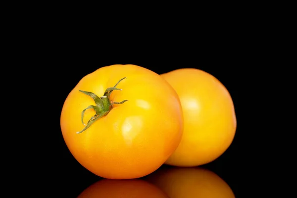 İki sarı sulu domates, makro, siyah arka planda izole edilmiş..