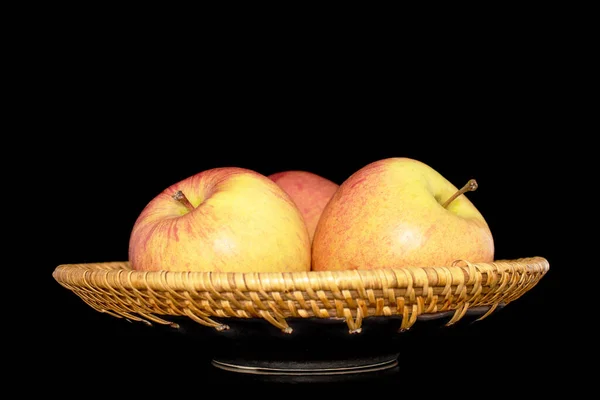 Three Juicy Organic Apples Ceramic Dish Close Isolated Black Background — 스톡 사진