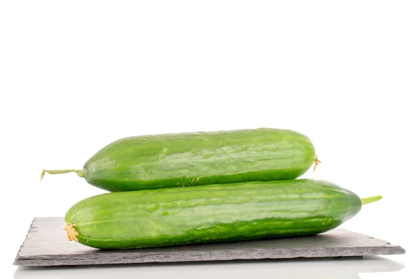 Two Juicy Smooth Cucumbers Slate Stone Macro Isolated White Background — Photo