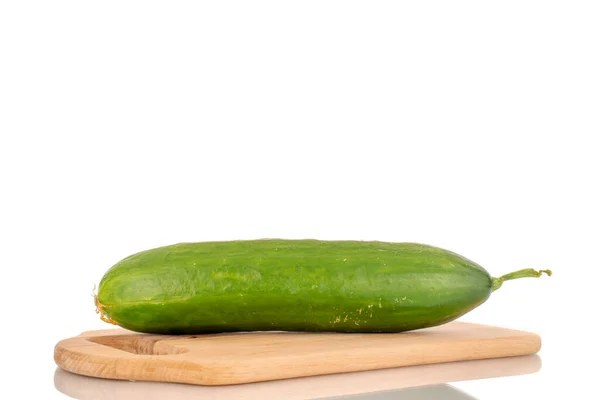 One Juicy Smooth Cucumber Wooden Cutting Board Macro Isolated White — Zdjęcie stockowe