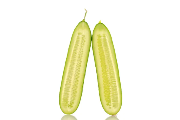 Two Halves Juicy Smooth Cucumber Macro Isolated White Background — Foto de Stock