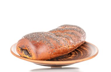 Bir adet iştah açıcı ev yapımı haşhaş tohumu hamur tabağında, yakın plan, beyaz arka planda izole edilmiş..