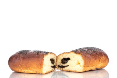 İki parça lezzetli ev yapımı haşhaş tohumu, yakın plan, beyaz arka planda izole..