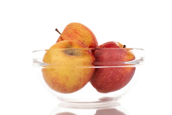 Three Ripe Organic Apples Glass Bowl Close Isolated White Background — Foto de Stock