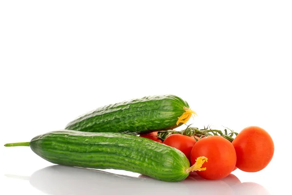 几棵绿色黄瓜和红色成熟的西红柿 枝条上的鸡尾酒西红柿 与白色隔离 — 图库照片