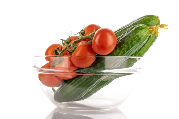 Several Green Cucumbers Red Ripe Cocktail Tomatoes Twig Glass Bowl — Stock Photo, Image