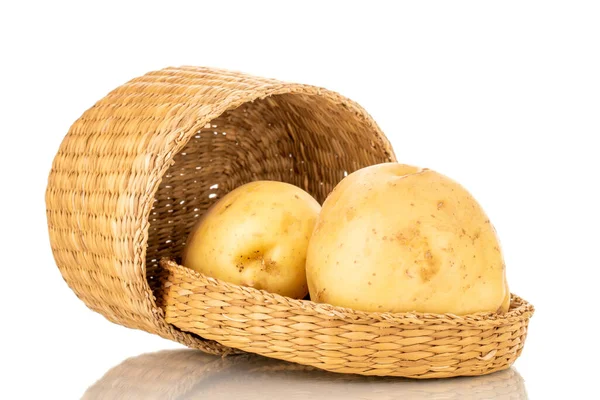 Two Raw Organic Potatoes Straw Basket Close Isolated White Background — Zdjęcie stockowe