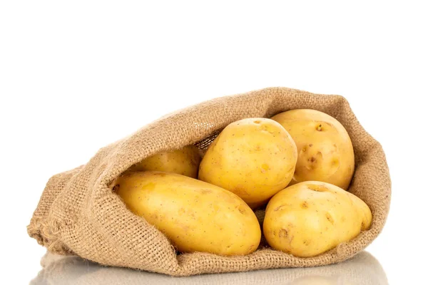 Αρκετές Ακατέργαστες Βιολογικές Πατάτες Σακούλα Γιούτας Κοντινές Απομονωμένες Λευκό Φόντο — Φωτογραφία Αρχείου