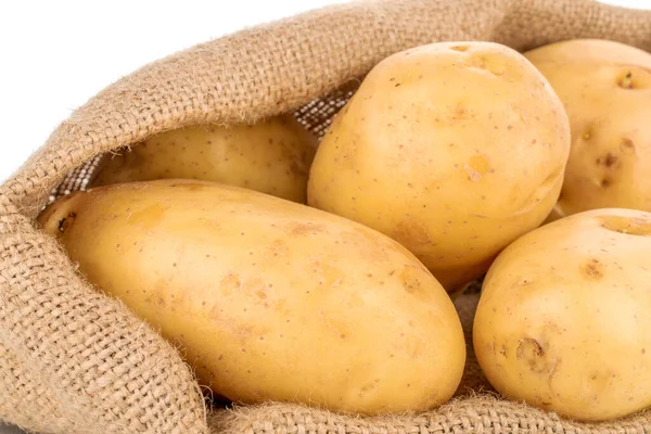 Αρκετές Ακατέργαστες Βιολογικές Πατάτες Σακούλα Γιούτας Κοντινές Απομονωμένες Λευκό Φόντο — Φωτογραφία Αρχείου