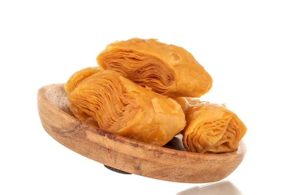 Several Slices Sweet Honey Baklava Wooden Tray Close Isolated White — 스톡 사진