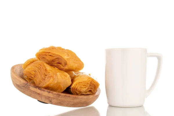 Several Slices Sweet Honey Baklava Wooden Saucer White Cup Close — Stock Fotó