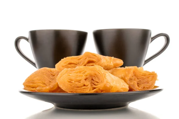 Several Slices Sweet Honey Baklava Ceramic Saucer Two Black Ceramic — 스톡 사진