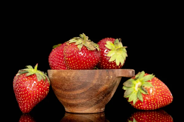 Several Berries Ripe Organic Strawberries Wooden Cup Close Isolated Black — Stock Photo, Image