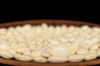 Kil tabakta pişmemiş beyaz fasulye, yakın plan, siyah arka planda izole edilmiş..