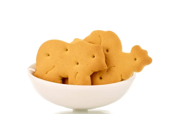 Verschillende Zoölogische Koekjes Een Witte Keramische Schotel Macro Geïsoleerd Een — Stockfoto