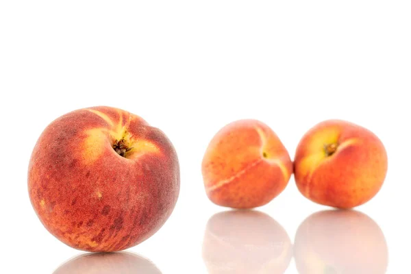 Three Sweet Organic Peaches Close Isolated White Background — Stock Photo, Image