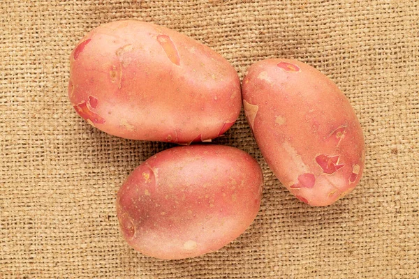 Drei Rosa Bio Kartoffeln Auf Klette Nahaufnahme Draufsicht — Stockfoto