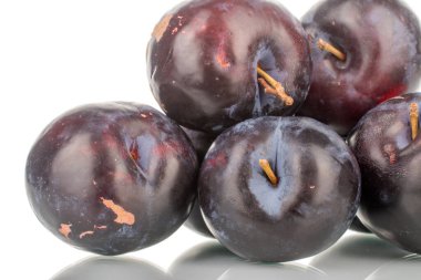 Birkaç koyu mavi organik erik, yakın plan, beyaz üzerine izole edilmiş..