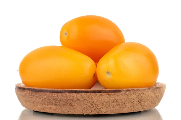 Three Ripe Yellow Tomatoes Wooden Tray Close Isolated White Background — Fotografia de Stock