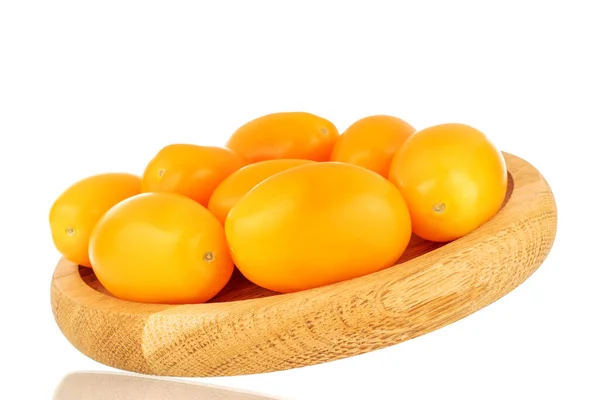 Several Ripe Yellow Tomatoes Wooden Tray Close Isolated White Background — Stock Photo, Image