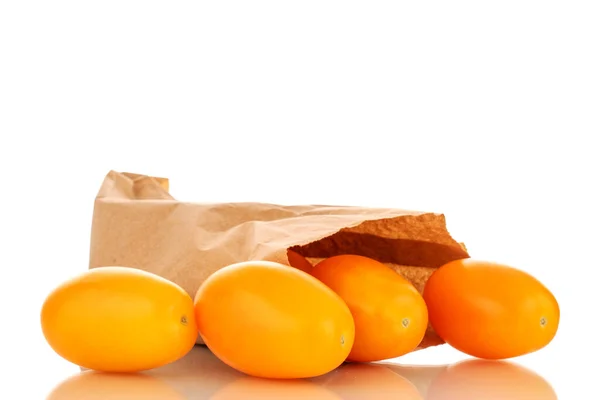 Several Ripe Yellow Tomatoes Paper Bag Close Isolated White Background — Fotografia de Stock