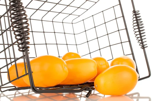Several Ripe Yellow Tomatoes Basket Close Isolated White Background — Stockfoto
