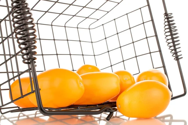 Several Ripe Yellow Tomatoes Basket Close Isolated White Background — Stock Fotó