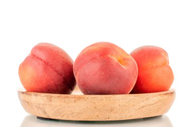 Tahta bir dairede üç tane olgun kırmızı kayısı, yakın plan, beyaz arka planda izole edilmiş..