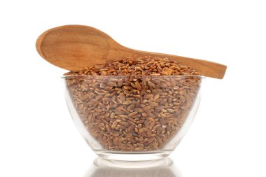 Organik pişmemiş kahverengi pirinç, cam bir tabakta tahta bir kaşık, yakın plan, beyaz arka planda izole edilmiş..