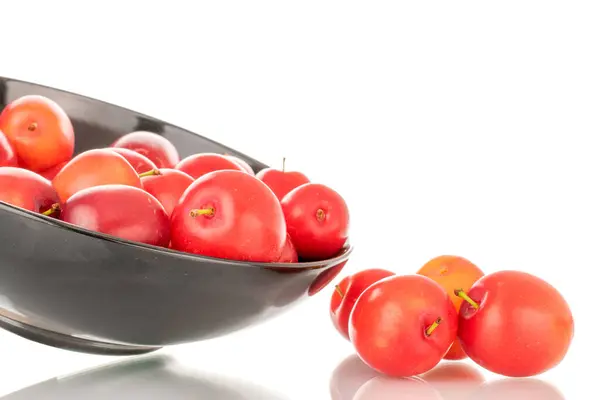 Several Ripe Juicy Cherry Plums Black Ceramic Plate Close Isolated — Stock Photo, Image