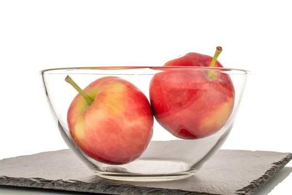 Two Ripe Sweet Red Apples Glass Bowl Slate Stone Close — Foto de Stock