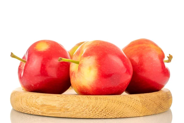 Several Ripe Sweet Red Apples Wooden Saucer Close Isolated White — Foto de Stock