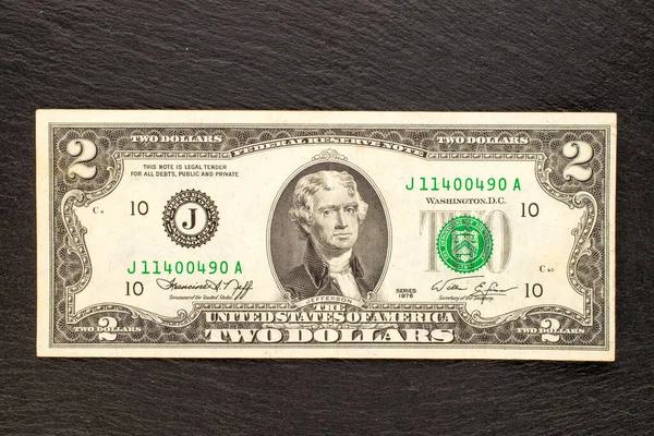 One 1976 Two Dollar Bill Slate Stone Close Top View — 图库照片