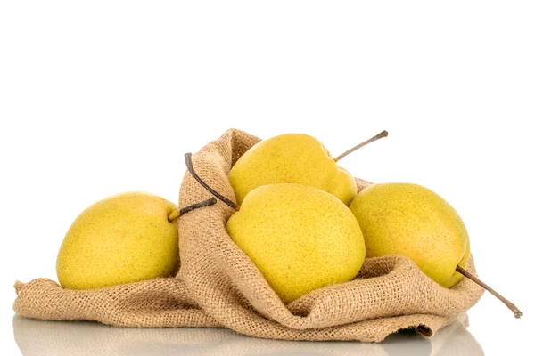 Four Organic Bright Yellow Pears Jute Bag Close Isolated White — Φωτογραφία Αρχείου