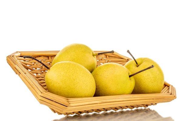 Four Organic Bright Yellow Pears Straw Tray Close Isolated White — Fotografia de Stock
