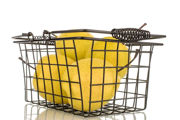 Four Organic Bright Yellow Pears Basket Close Isolated White Background — Fotografia de Stock