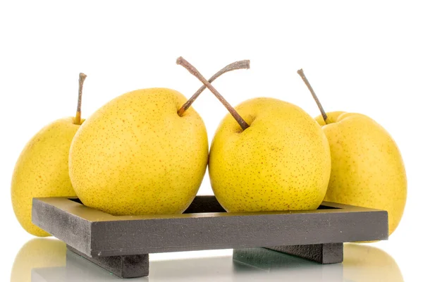 Four Organic Bright Yellow Pears Wooden Tray Close Isolated White — Fotografia de Stock