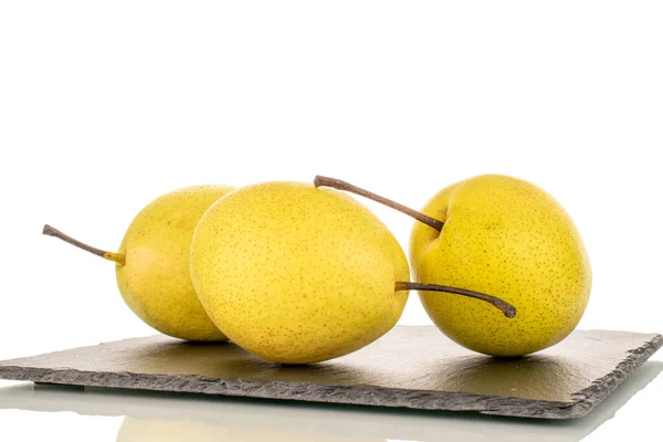 Three Sweet Bright Yellow Pears Slate Stone Close Isolated White — Fotografia de Stock