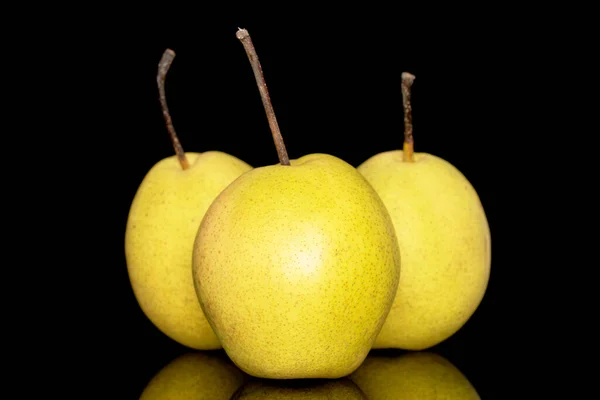 Three Organic Bright Yellow Pears Close Isolated Black Background — Stockfoto