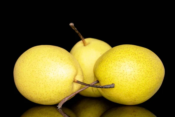 Three Organic Bright Yellow Pears Close Isolated Black Background — Foto de Stock