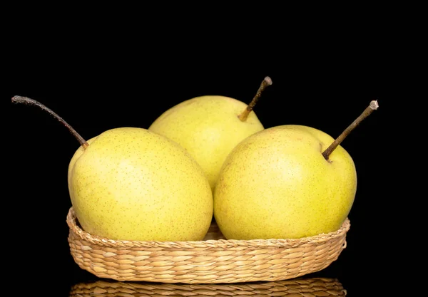 Three Organic Bright Yellow Pears Straw Plate Close Isolated Black — Stockfoto