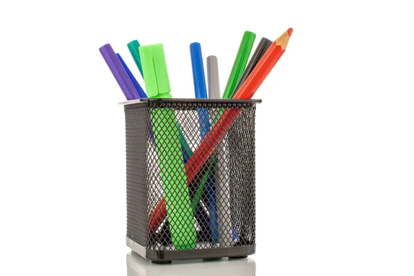 Several Colored Felt Tip Pens Office Container Close Isolated White — Stockfoto