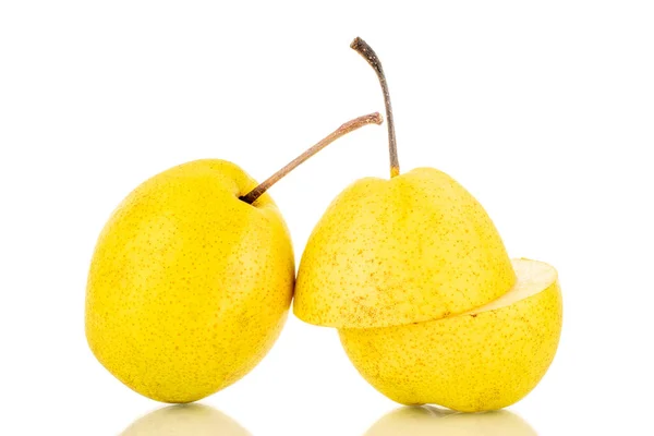 Two Halves One Whole Juicy Yellow Pear Close Isolated White — Φωτογραφία Αρχείου