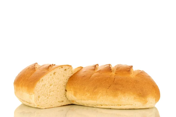 Two Halves Fragrant Fresh Long Loaf Close Isolated White Background — Fotografia de Stock