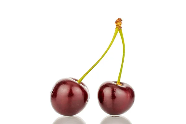 Two Ripe Sweet Cherries Close Isolated White Background — Stockfoto