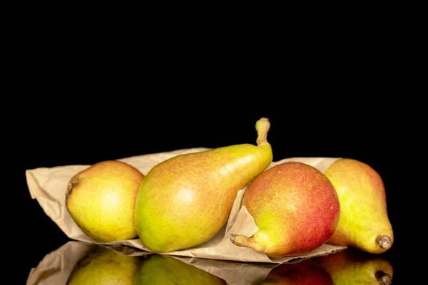 Four Juicy Pears Paper Bag Close Isolated Black Background — 스톡 사진